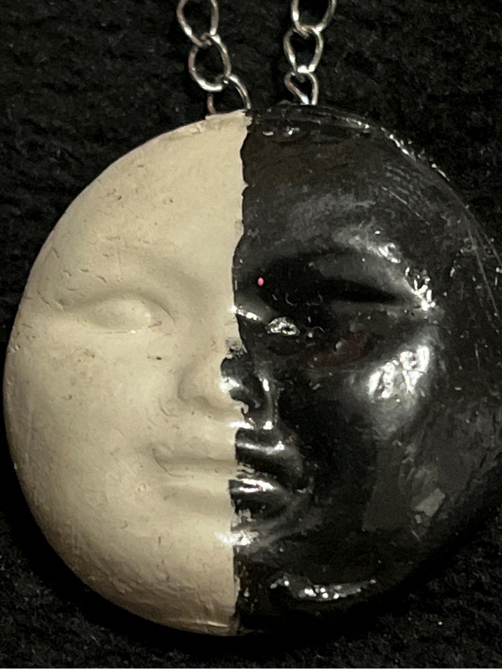 OOAK Handmade Black Ivory Moon Face Pendant Necklace Celestial
